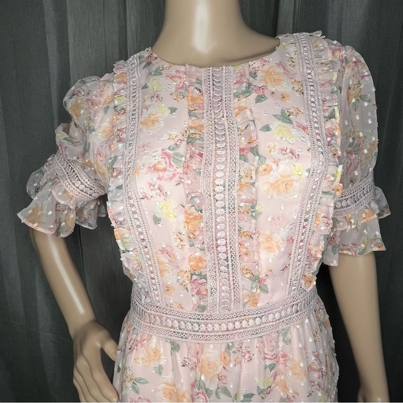 Rachel Parcell Mix Lace Fit Flare Mauve Pink Flutter Sleeve Midi Dress Small - Picture 3 of 11
